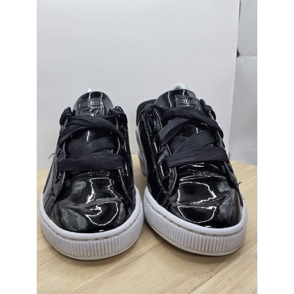 Puma Basket Heart Sneakers Shoes Womens 9.5 Patent Black Running Athletic Ribbon - Picture 2 of 7
